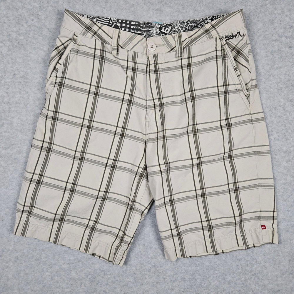 Quiksilver (Mens 33) Tan Plaid Shorts‎ Chino Surf Skate Y2K 10" Inseam